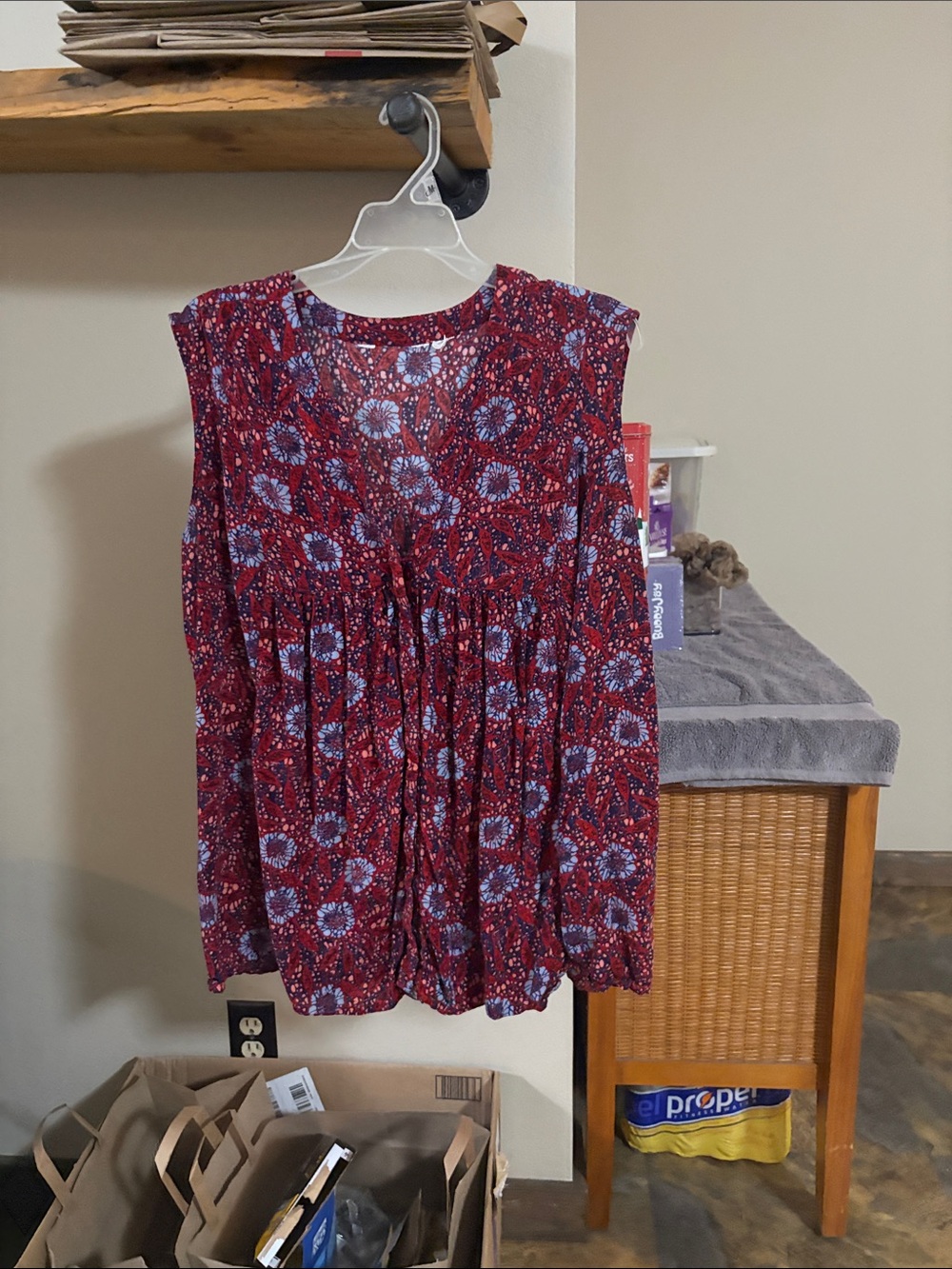 Red Floral Sleeveless Gathered Tank Top